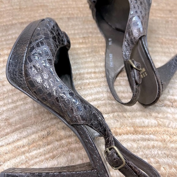 STUART WIETZMAN 9.5 Autumn Brown Peep Toe Crocodile Platform Ankle Strap Heels - Picture 3 of 8
